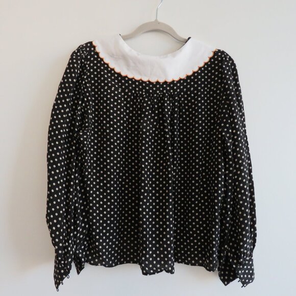 RIXO Lila 100% Silk Polka Dot Floral Embroidered Bib Collar Blouse Cottage Sz S - Picture 11 of 16